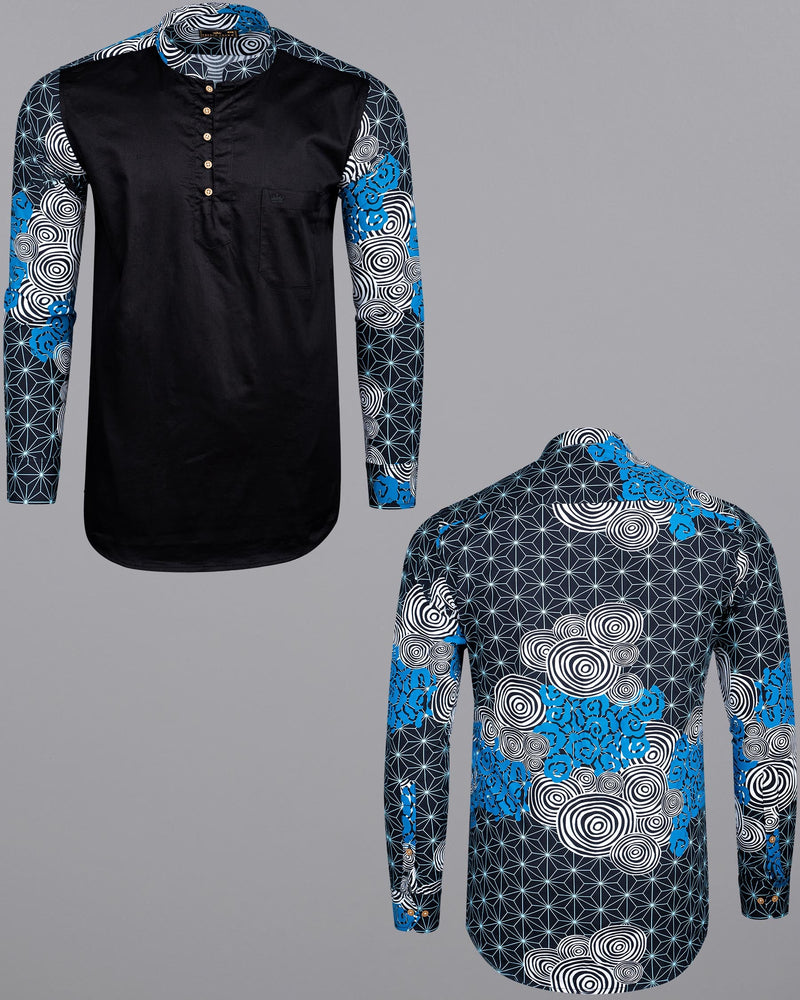 Jade Black with Galactic Printed sleeves and Collar Premium Cotton Kurta Shirt