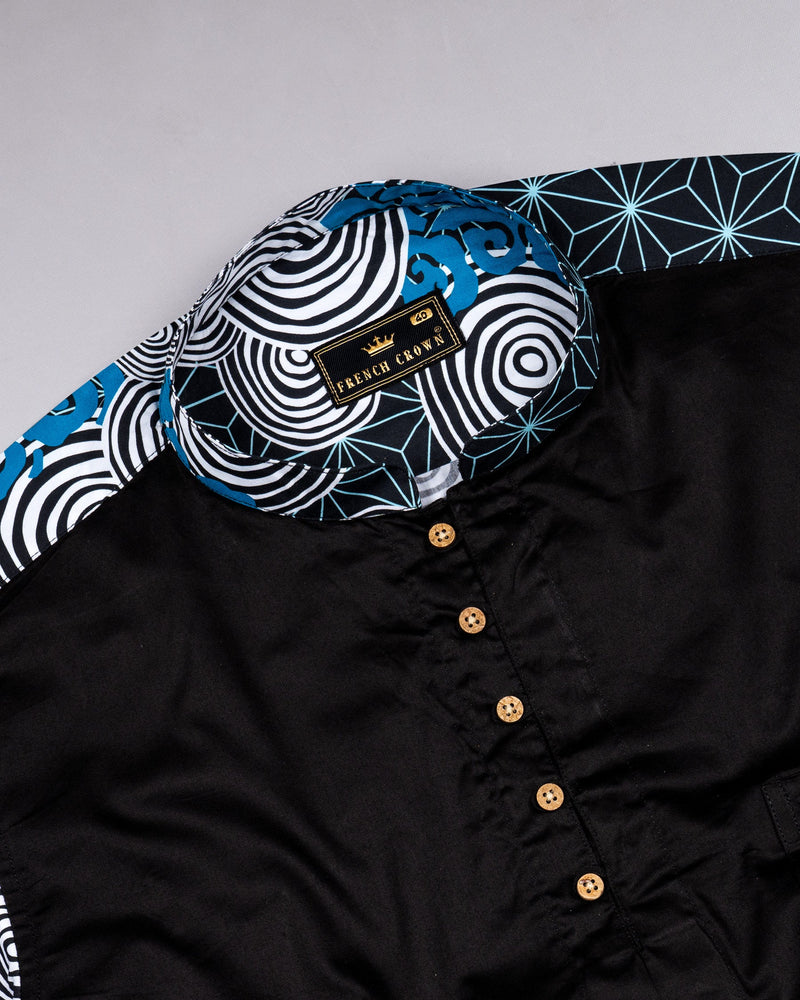 Jade Black with Galactic Printed sleeves and Collar Premium Cotton Kurta Shirt