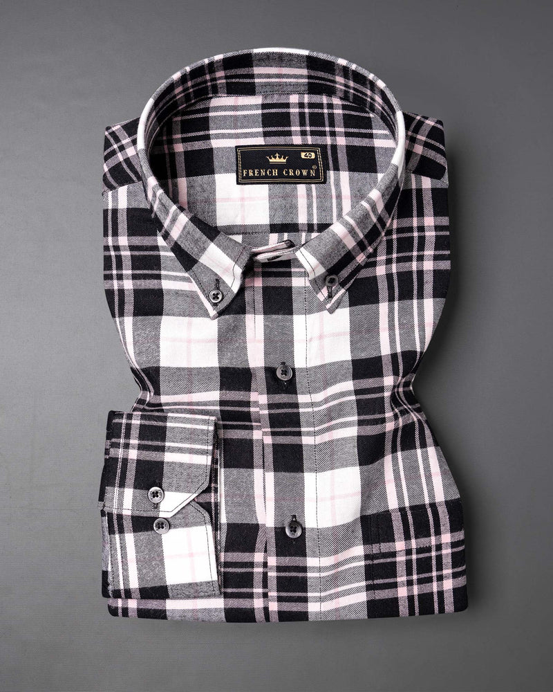 Pastel Pink and Black Plaid Flannel Shirt