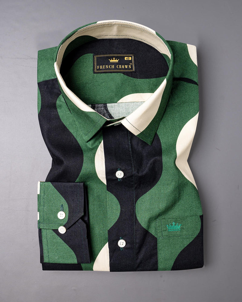 Killarney Green and Black Waves Print Premium Cotton Shirt