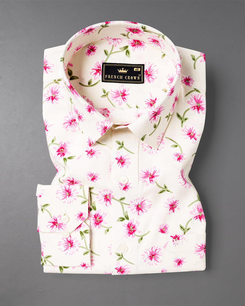 Pearl Bush and Avocado Green Floral Printed Premium Cotton Shirt