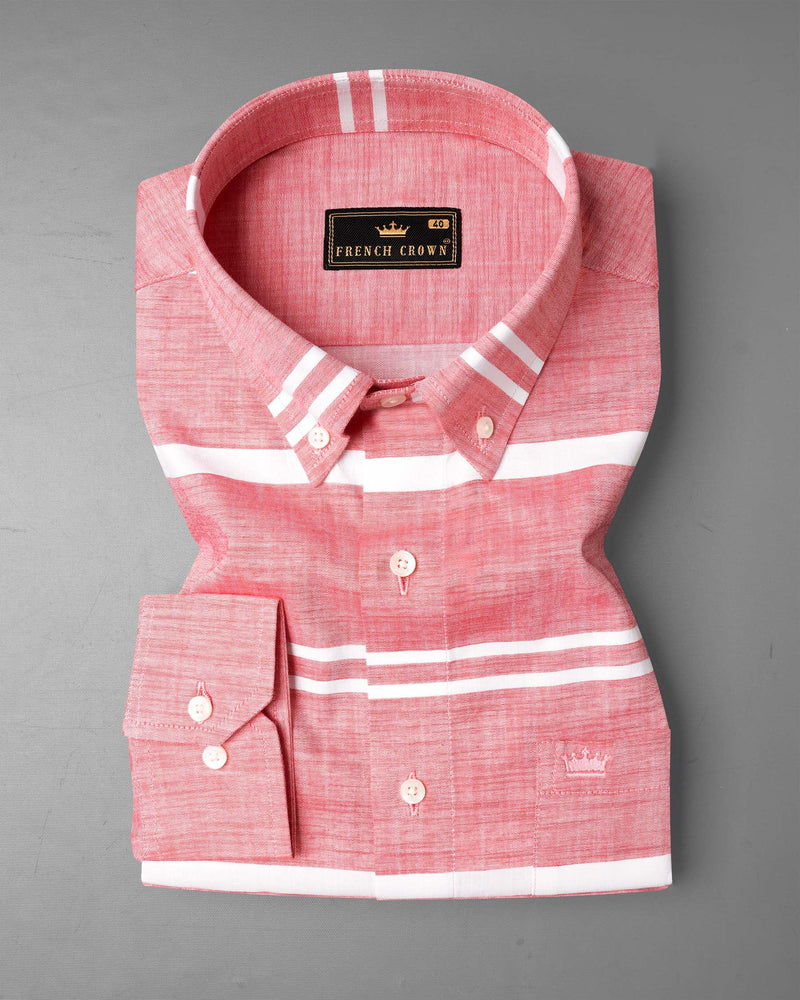 Salmon Pink and white Striped Chambray Shirt