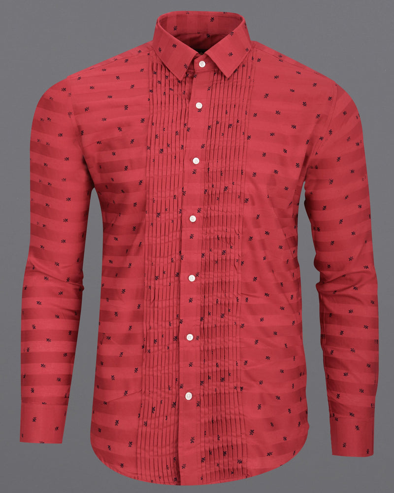Chestnut Red and Black Twill Pleated Premium Cotton Tuxedo Shirt