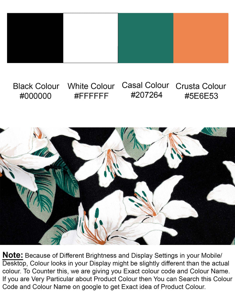 Jade Black with Multicolour Lily Printed Twill Textured Premium Cotton Kurta Shirt
