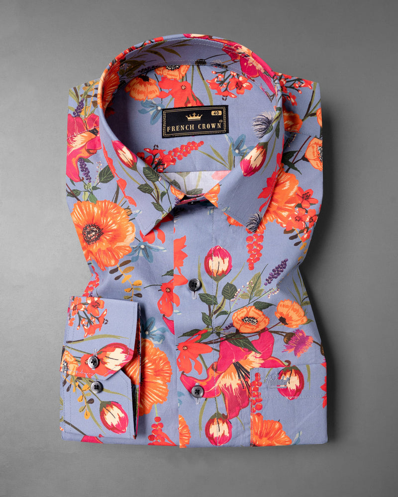Manatee Grey with Multicolour Floral Print Premium Cotton Shirt