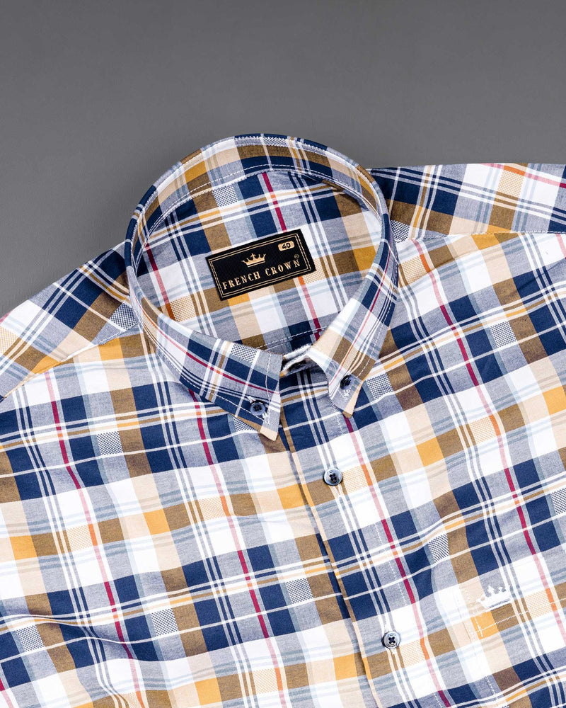 Metallic Blue and Desert Sand Brown Plaid Dobby Textured Premium Giza Cotton Shirt