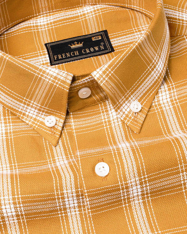 Cantaloupe Brown Plaid Dobby Textured Premium Giza Cotton Shirt