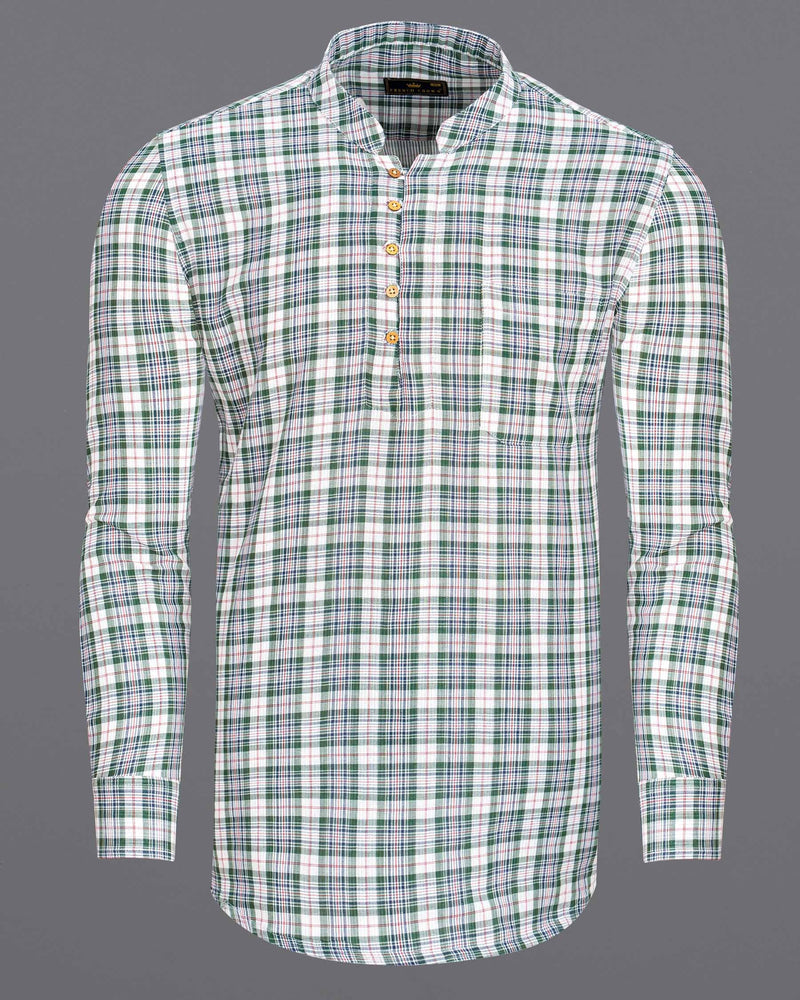 off White and Stromboli Green Plaid Twill Textured Premium Cotton Kurta Shirt