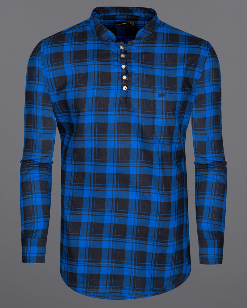 Smalt Blue and Black Plaid Twill Premium Cotton Kurta Shirt