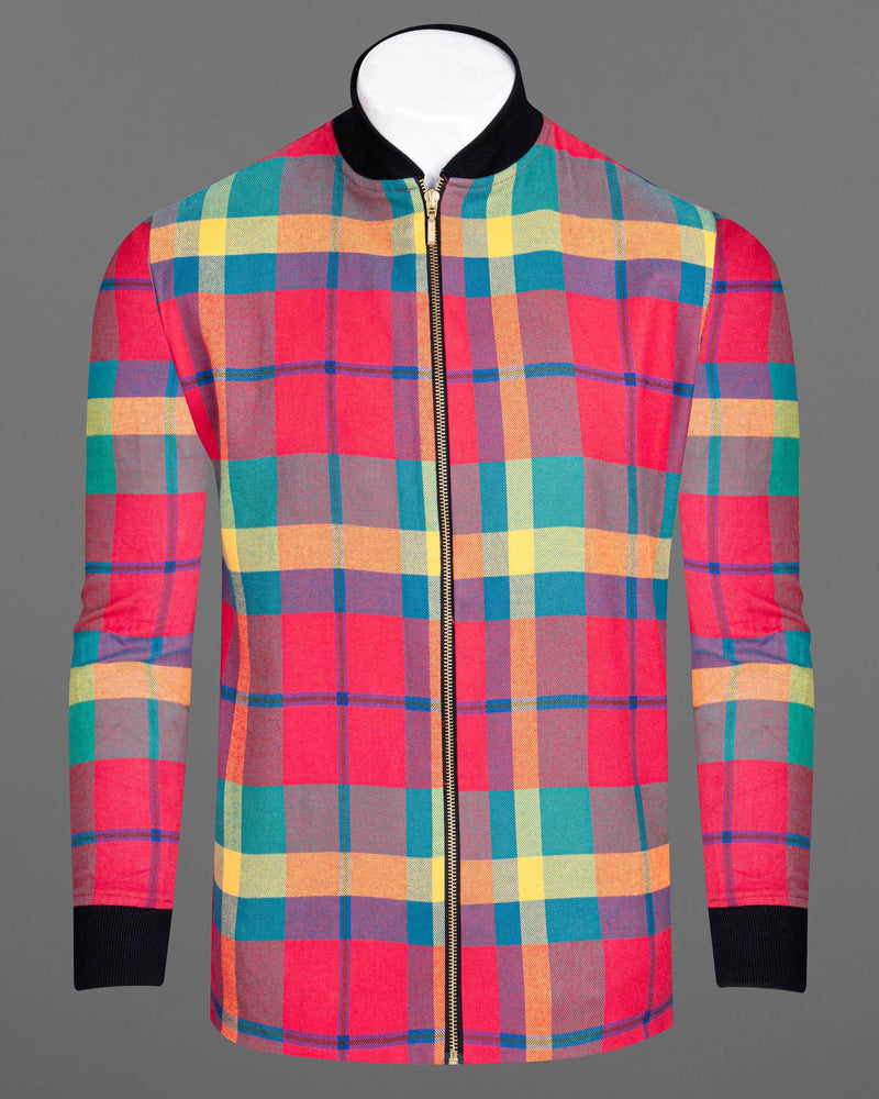 Radical Red Multicolour Plaid Twill Zipper Closure Premium Cotton Bomber Jacket 6894-BJ-38, 6894-BJ-39, 6894-BJ-40, 6894-BJ-42, 6894-BJ-44, 6894-BJ-46