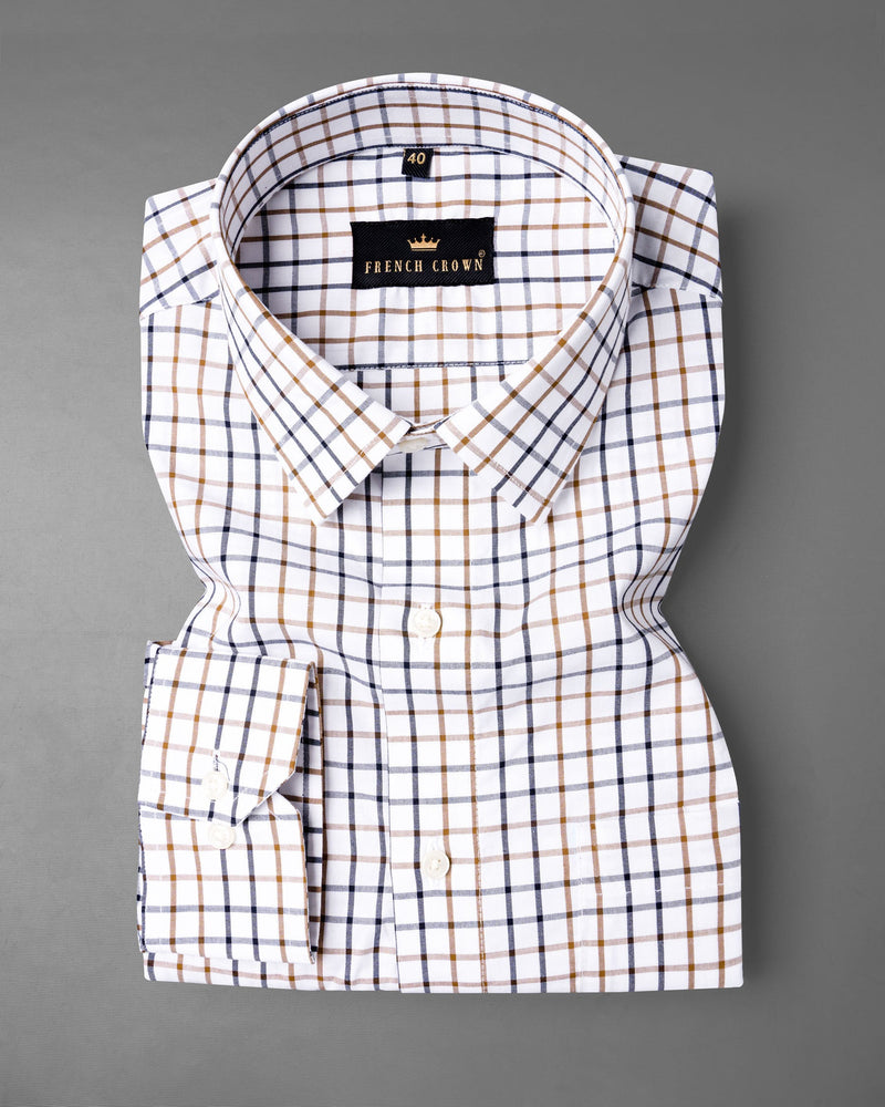 Bright White and Potters Brown Checkered Premium Cotton Shirt