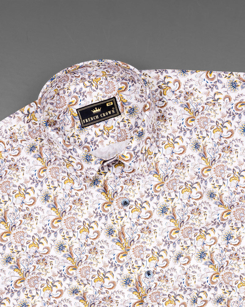 Bright White Floral Printed Twill Premium Cotton Shirt