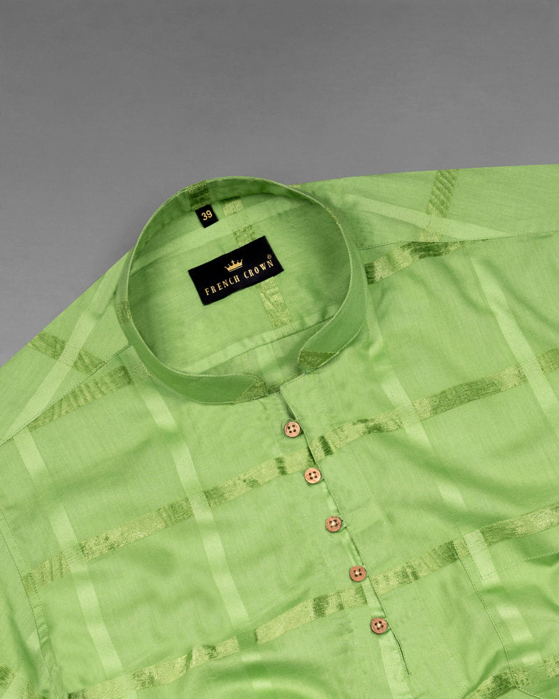 Asparagus Green Velvet Windowpane Dobby Textured Premium Giza Cotton Kurta Shirt