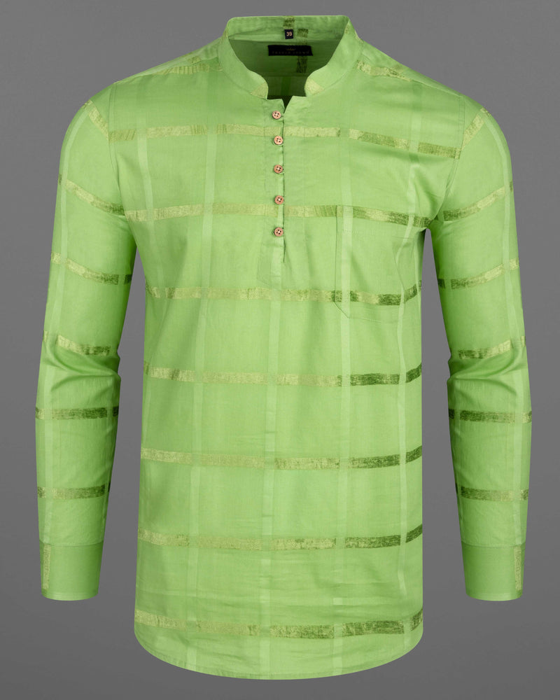 Asparagus Green Velvet Windowpane Dobby Textured Premium Giza Cotton Kurta Shirt