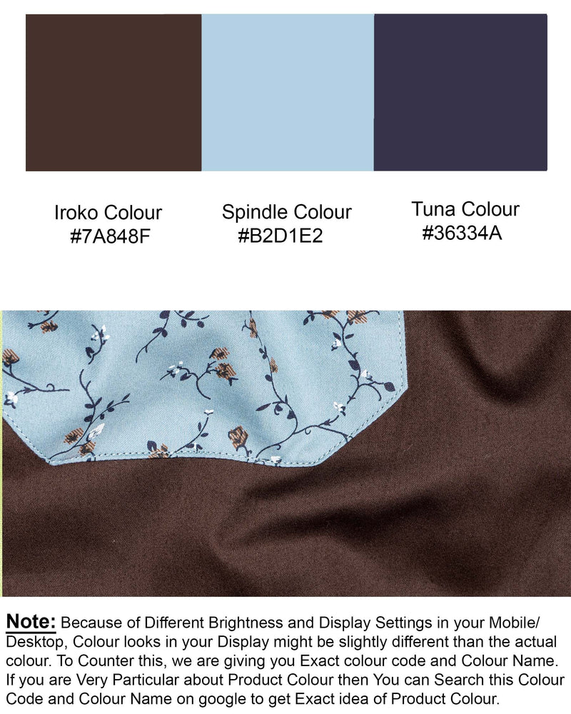 Iroko Brown with Spindle Blue Floral Printed Super Soft Premium Cotton Designer Shirt