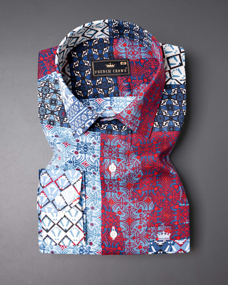 Danube with Cobalt Blue Multicolor Printed Luxurious Linen Shirt