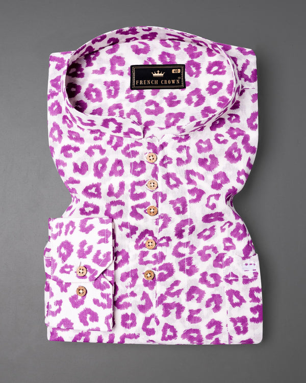 Bright White with Tapestry Pink Cheetah Print Lightweight Premium Tencel Kurta Shirt