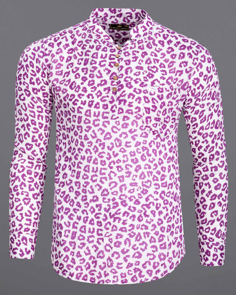 Bright White with Tapestry Pink Cheetah Print Lightweight Premium Tencel Kurta Shirt