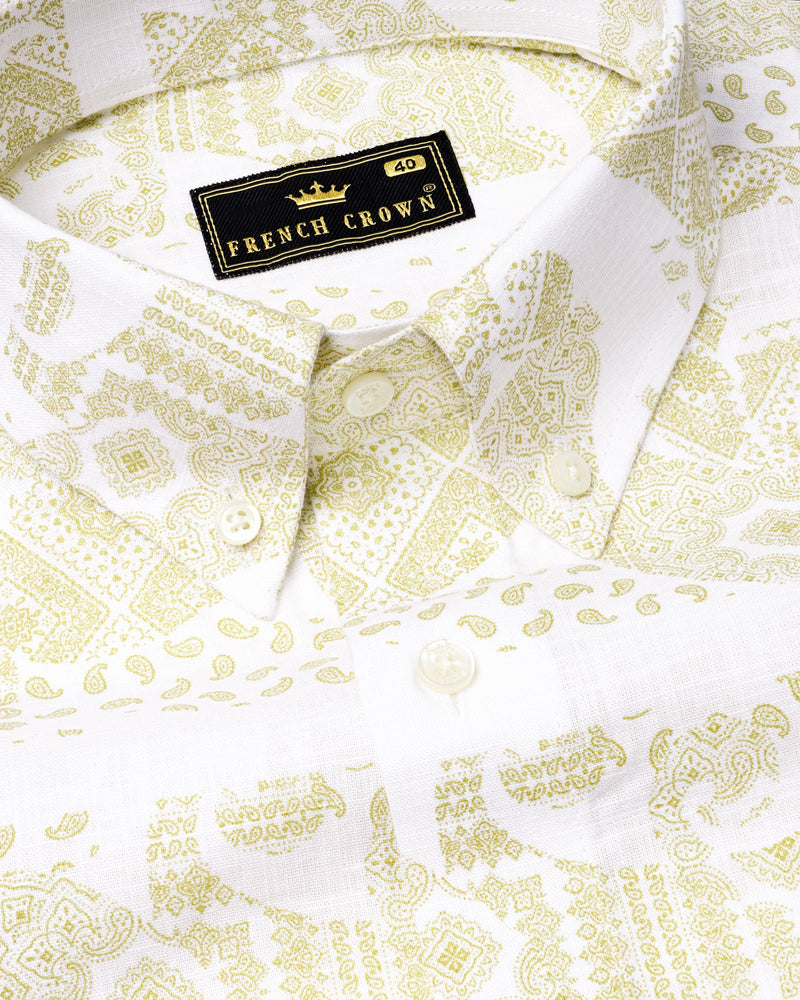 Bright White with Ancient art In spired Print Luxurious Linen Shirt