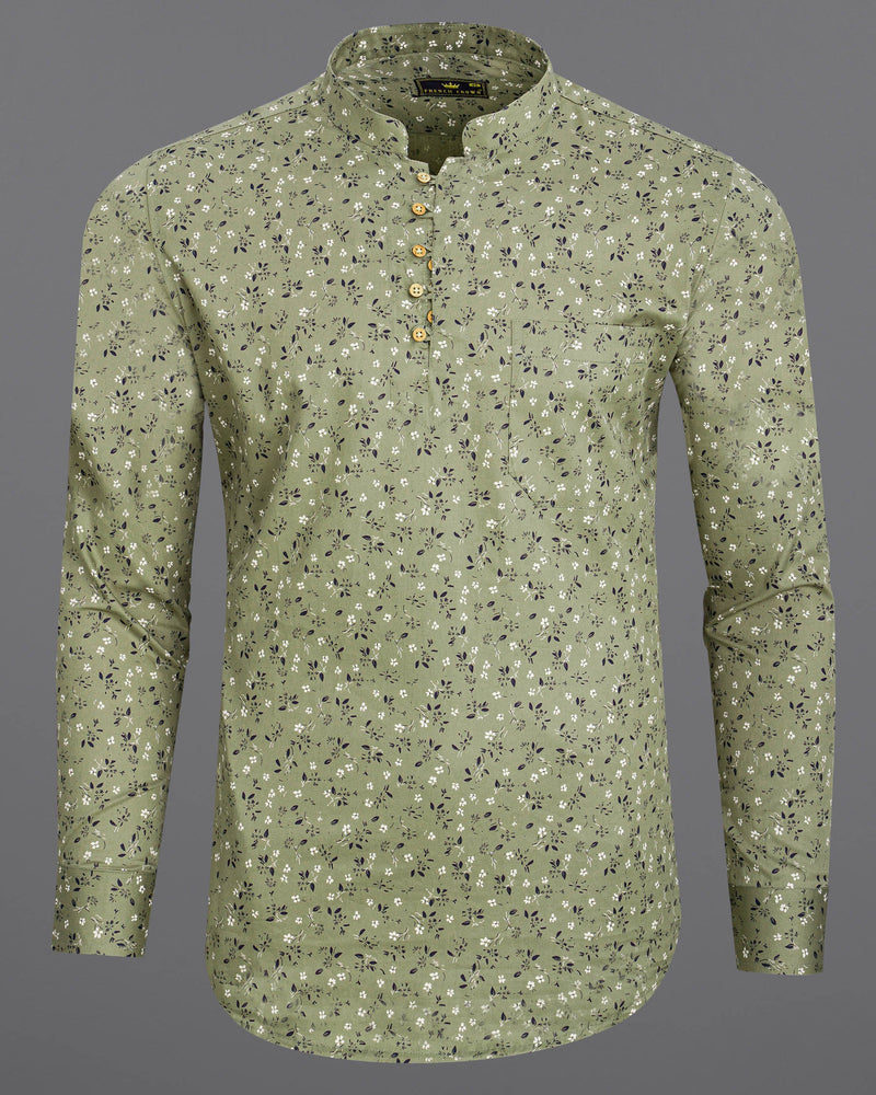 Pale Green Floral Printed Twill Premium Cotton Kurta Shirt