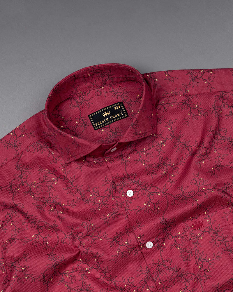 Vivid Carmine Red Floral Printed Dobby Textured Premium Giza Cotton Shirt