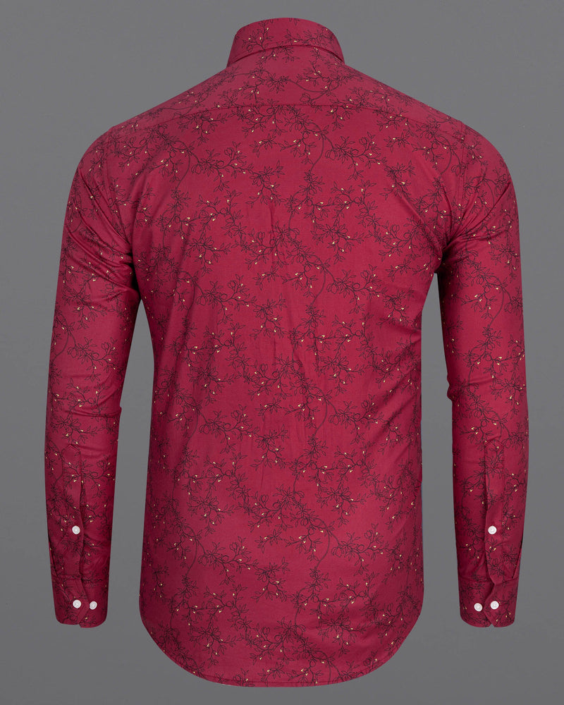Vivid Carmine Red Floral Printed Dobby Textured Premium Giza Cotton Shirt