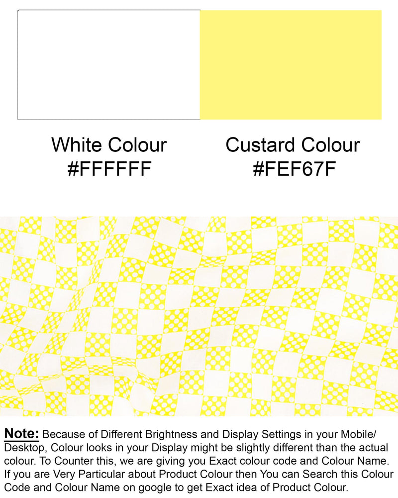 Custard Yellow with Bright White Square Printed Premium Cotton Kurta Shirt