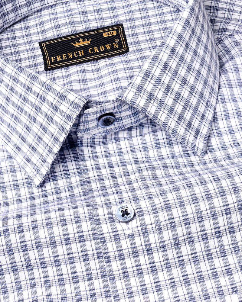 Bright White and Denim Blue Checkered Premium Cotton Shirt