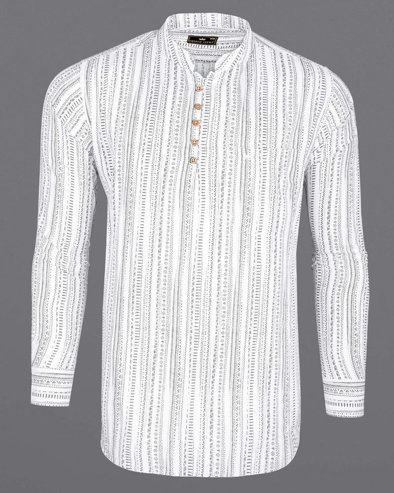 Bright White and Black Tribal Pattern Premium Cotton Kurta Shirt