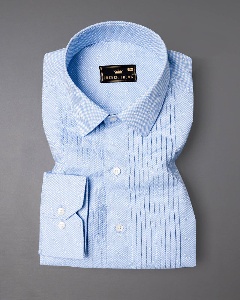 Geyser Blue Snake Pleated Dobby Textured Premium Giza Cotton Tuxedo Shirt
