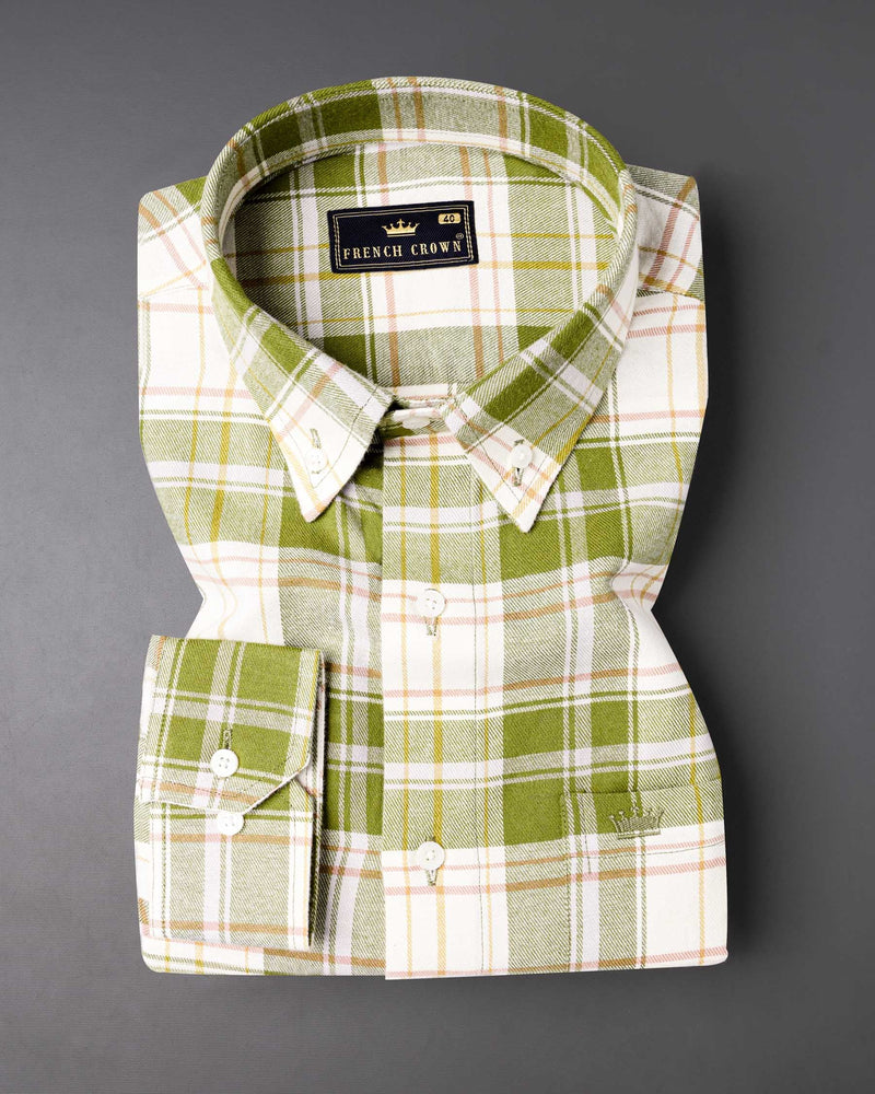 Moccasin Green and White Plaid Flannel Shirt