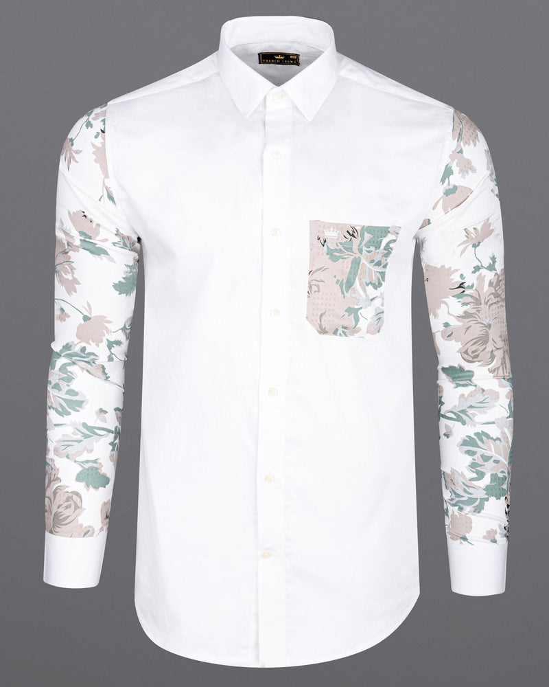 White and Cascade Green Floral Print Super Soft Premium Cotton Shirt