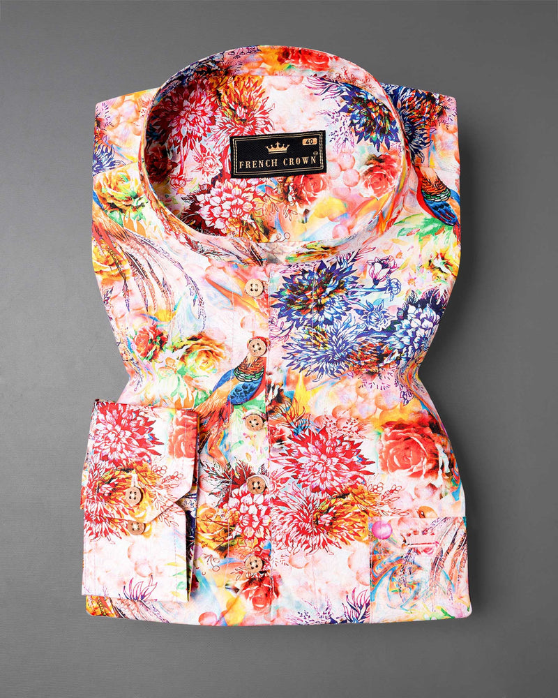 Sapphire Blue, Mantis Green and Bright Red Multicolor Floral Premium Cotton Shirt