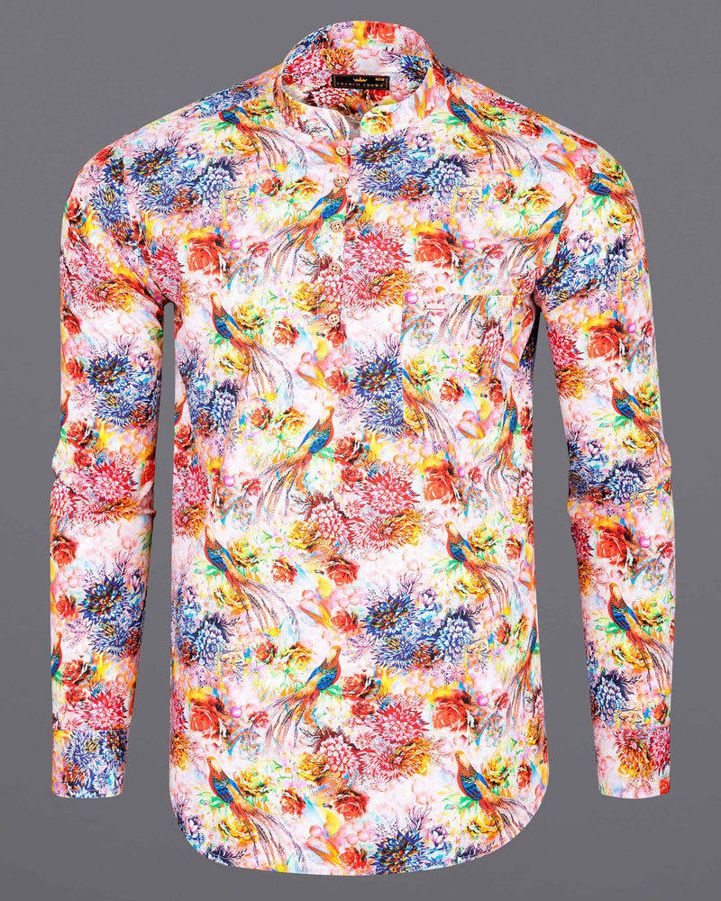 Sapphire Blue, Mantis Green and Bright Red Multicolor Floral Premium Cotton Shirt