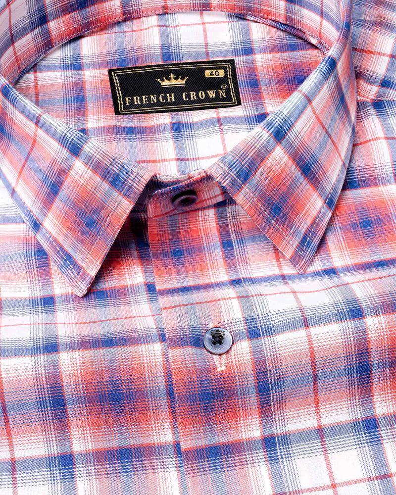 Salmon Red with San Marino Blue Plaid Premium Cotton Shirt