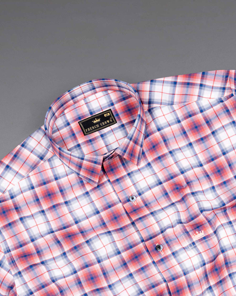 Salmon Red with San Marino Blue Plaid Premium Cotton Shirt