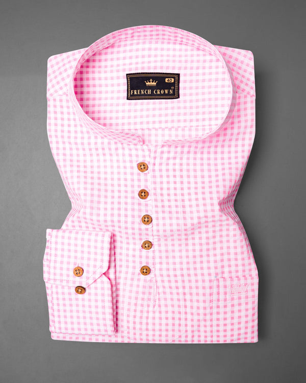 Carnation Pink Checked Seersucker Giza Cotton Kurta Shirt