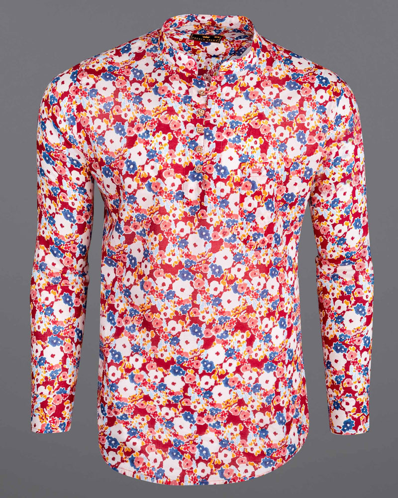 Mandy Red with Pearl Multicolour Floral Printed Premium Cotton Kurta Shirt