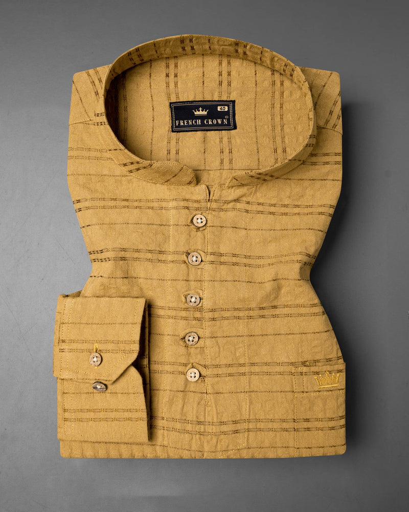 Saffron Brown Striped Dobby Textured Premium Giza Cotton Kurta Shirt