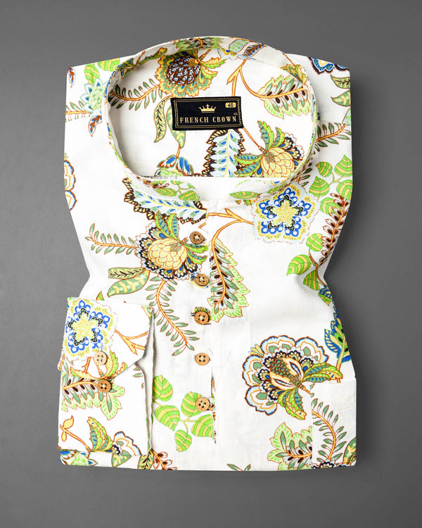 Bright White Damask Inspired Printed Twill Premium Cotton Kurta Shirt