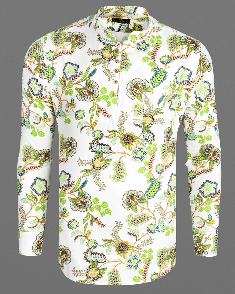 Bright White Damask Inspired Printed Twill Premium Cotton Kurta Shirt