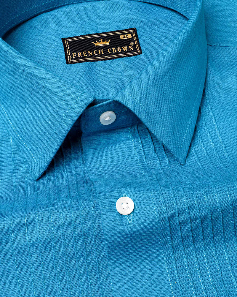 Cerulean Blue with Pin Tucks Luxurious Linen Shirt