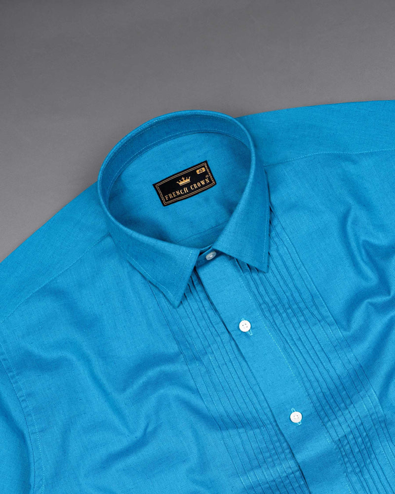 Cerulean Blue with Pin Tucks Luxurious Linen Shirt