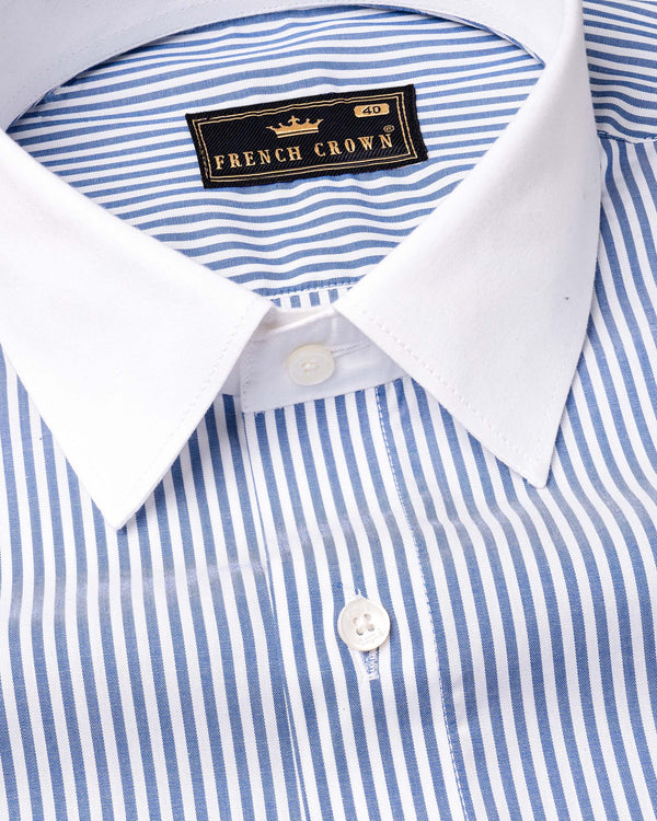 Bright White and Glaucous Blue Striped with White Collar Premium Cotton Shirt
