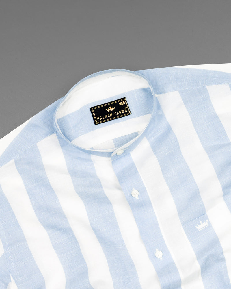 White and Gainsboro Blue Striped Luxurious Linen Shirt