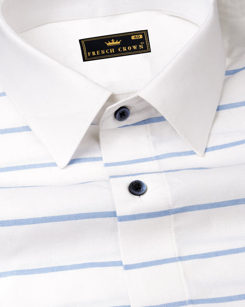 Bright White and Pale Cerulean Blue Horizontal Striped Royal Oxford Shirt