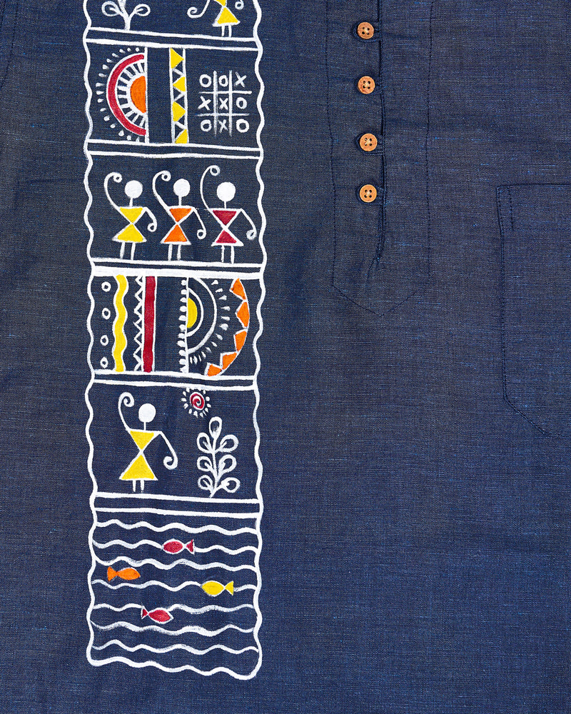 Rhino Blue Multicolour Warli Folk Art Hand Painted Luxurious Linen Kurta Designer Shirt 7132-KS-ART-38, 7132-KS-ART-H-38, 7132-KS-ART-39, 7132-KS-ART-H-39, 7132-KS-ART-40, 7132-KS-ART-H-40, 7132-KS-ART-42, 7132-KS-ART-H-42, 7132-KS-ART-44, 7132-KS-ART-H-44, 7132-KS-ART-46, 7132-KS-ART-H-46, 7132-KS-ART-48, 7132-KS-ART-H-48, 7132-KS-ART-50, 7132-KS-ART-H-50, 7132-KS-ART-52, 7132-KS-ART-H-52