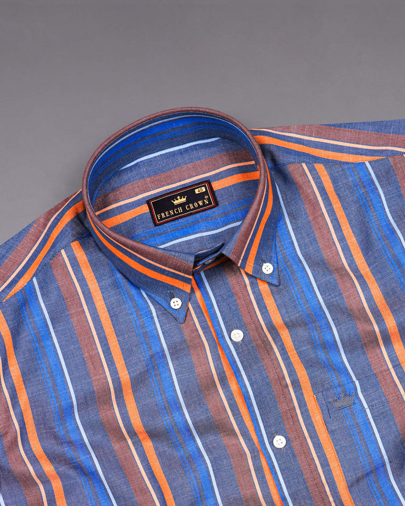 Dusk Blue with Cadmium Orange Multicolour Striped Premium Chambray Shirt