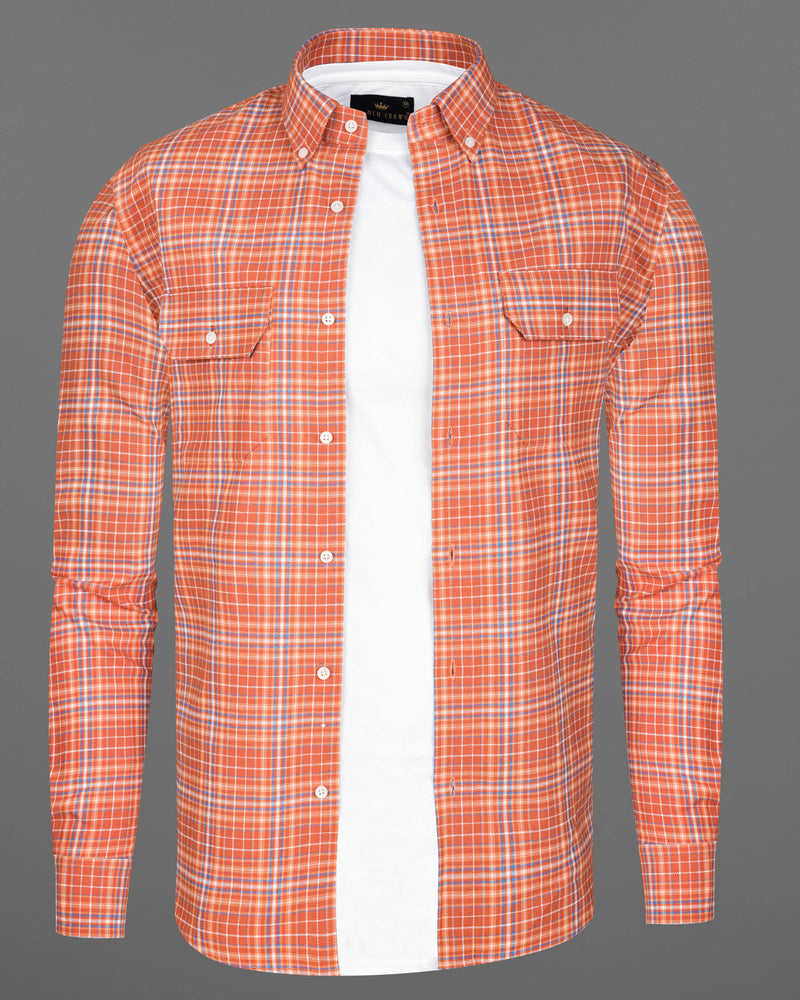 Atomic Tangerine and White Plaid Twill Premium Cotton Overshirt