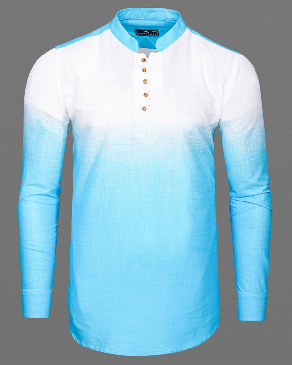 Turquoise Blue with Bright White Luxurious Linen Kurta Shirt